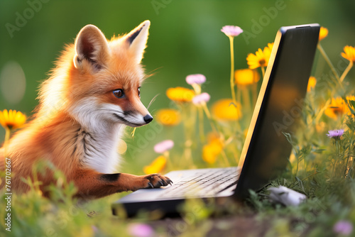 Fox Using Laptop in Flower Field