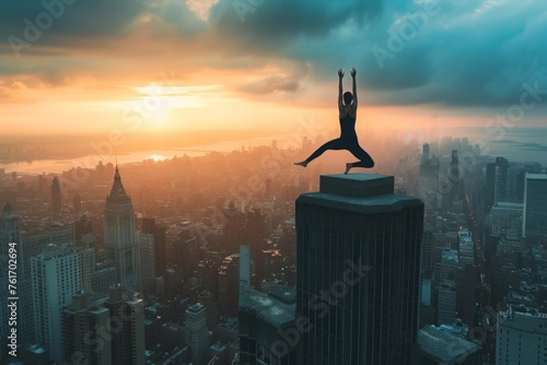 A person jumps off a skyscraper, soaring through the air against the backdrop of the cityscape, A person in a yoga pose atop a skyscraper, overlooking the city, AI Generated