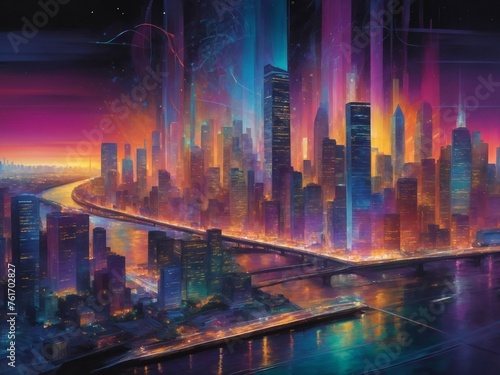 Cityscape Symphony: AI Art Illuminating Urban Skyline and Sparkling River