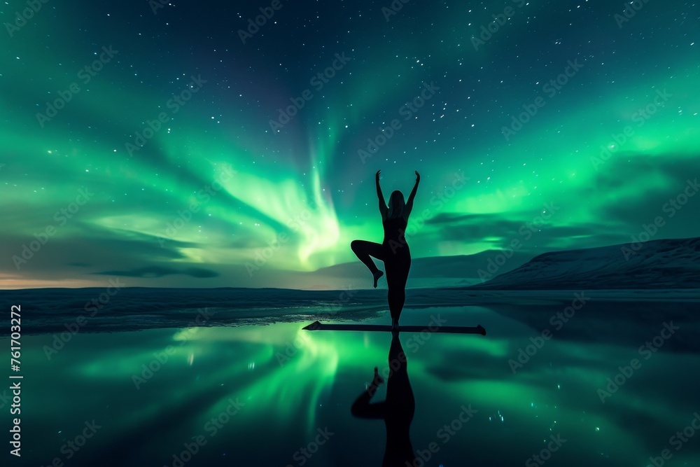 A person engages in yoga exercises with the stunning backdrop of an Aurora Borealis in the night sky, A person practicing yoga under the northern lights, AI Generated