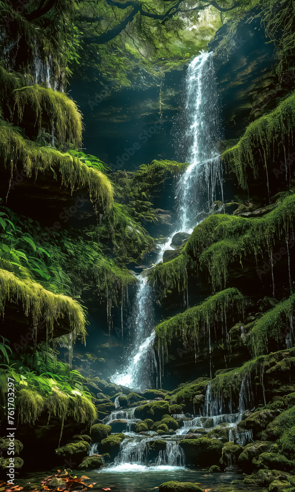 Enchanted Waterfall. A waterfall cascades down moss-covered rocks, revealing a secret grotto behind its veil.