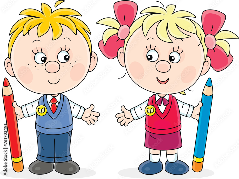 Happy little schoolboy and schoolgirl first graders with big red and blue pencils, vector cartoon illustration isolated on a white background Happy little schoolboy and schoolgirl first graders with big red and blue pencils, vector cartoon illustration isolated on a white background