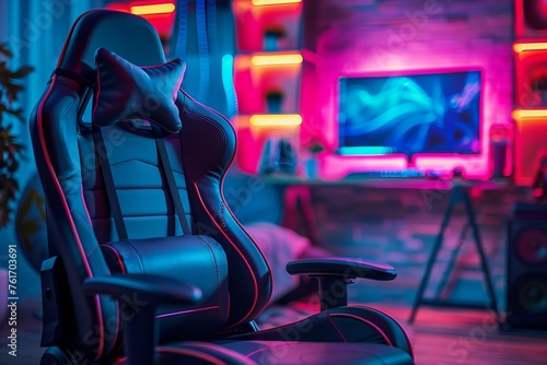 3D rendered gaming room interior with a premium gaming chair, sleek and modern design, ergonomic gaming setup, dynamic LED lighting, detailed and lifelike, focused on gamer comfort and style, high-res photo
