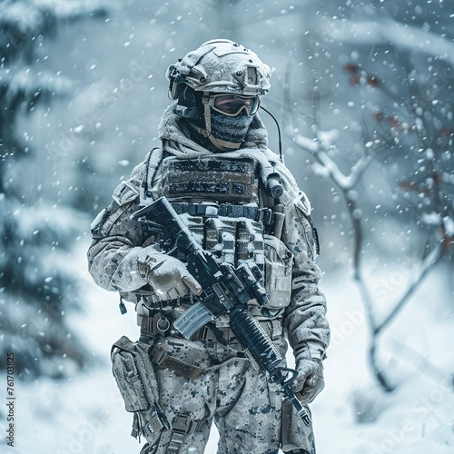 Armed soldier standing in a snowy landscape, cold-weather combat readiness, frosty and severe conditions, military strength and determination, snowfall and winter camo, isolated and resolute, high-qua © ธนากร บัวพรหม