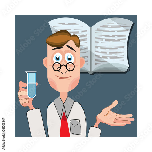Scientist with a chemical test tube on the background of an open book. Vector illustration
