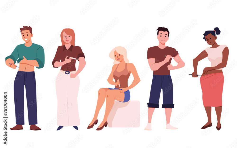 Set of smiling people making self injections in different body parts Set of smiling people making self injections in different body parts
