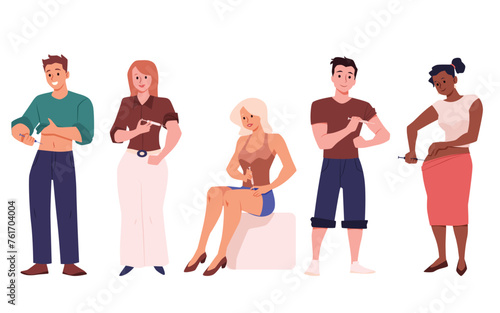 Set of smiling people making self injections in different body parts