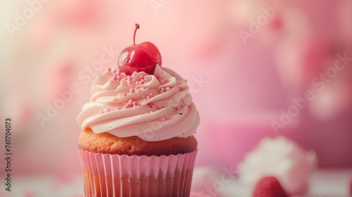 cinematic image for cupcake with colorful sprinkles on pink background