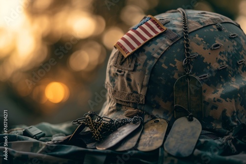 A detailed close-up shot of a military helmet adorned with a flag, A powerful image of a folded American flag, military dog tags, and an empty helmet, AI Generated