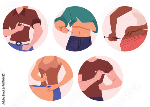 Banners set with people giving self injection, flat vector illustration isolated.