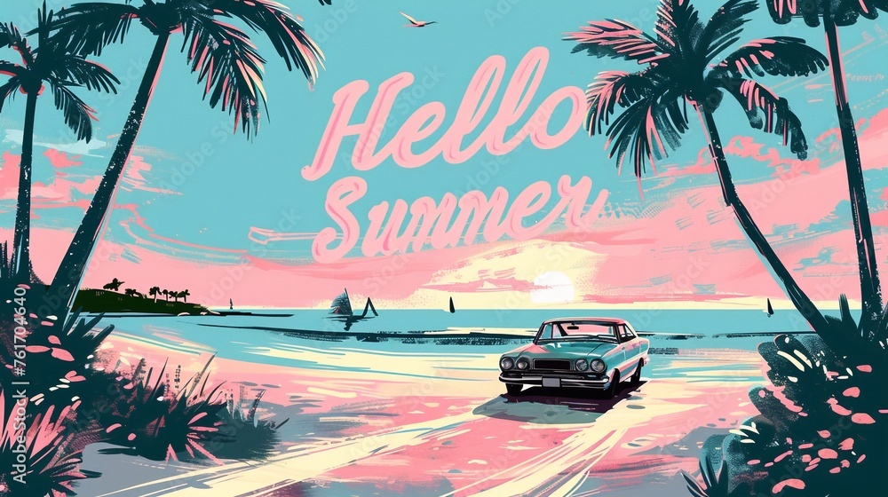 Hello Summer. Trendy Summer design with typography. Background in retro style with car and palm trees on beach. Modern minimalist style design for banner - obrazy, fototapety, plakaty 
