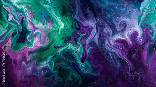A painting of a swirling purple and green color with a star in the middle