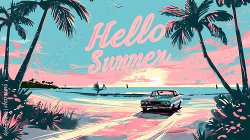 Hello Summer. Trendy Summer design with typography. Background in retro style with car and palm trees on beach. Modern minimalist style design for banner photo