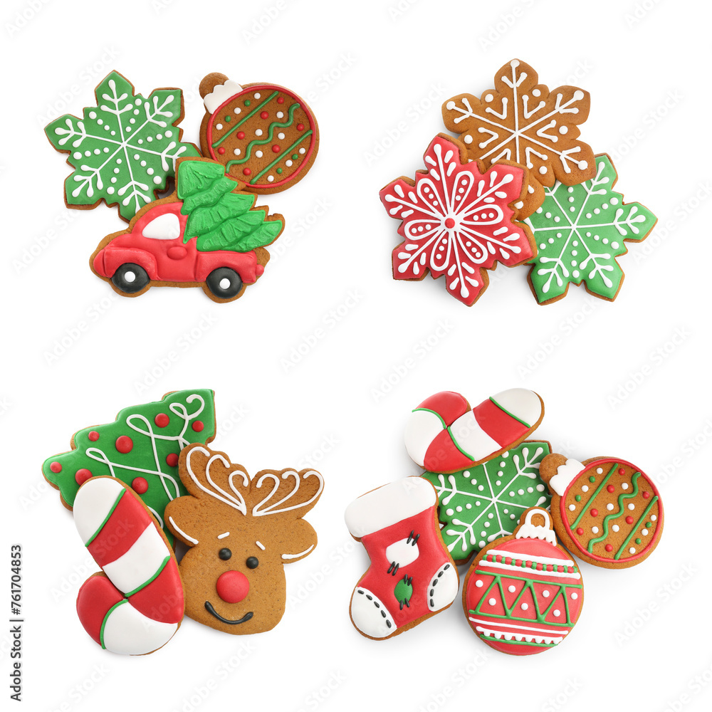 Different tasty Christmas cookies isolated on white, top view