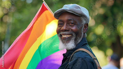 Old black man with a grey beard waving a rainbow flag enjoying a pride festival, celebrating diversity, inclusion and the LGBTQIA community in his home town