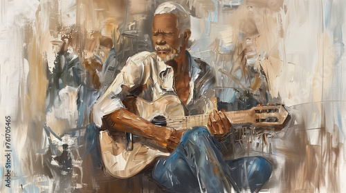an oil painting depicting an elderly black man playing the guitar, dressed in blue jeans and a long-sleeved white shirt, set against an abstract background with warm, beige tones