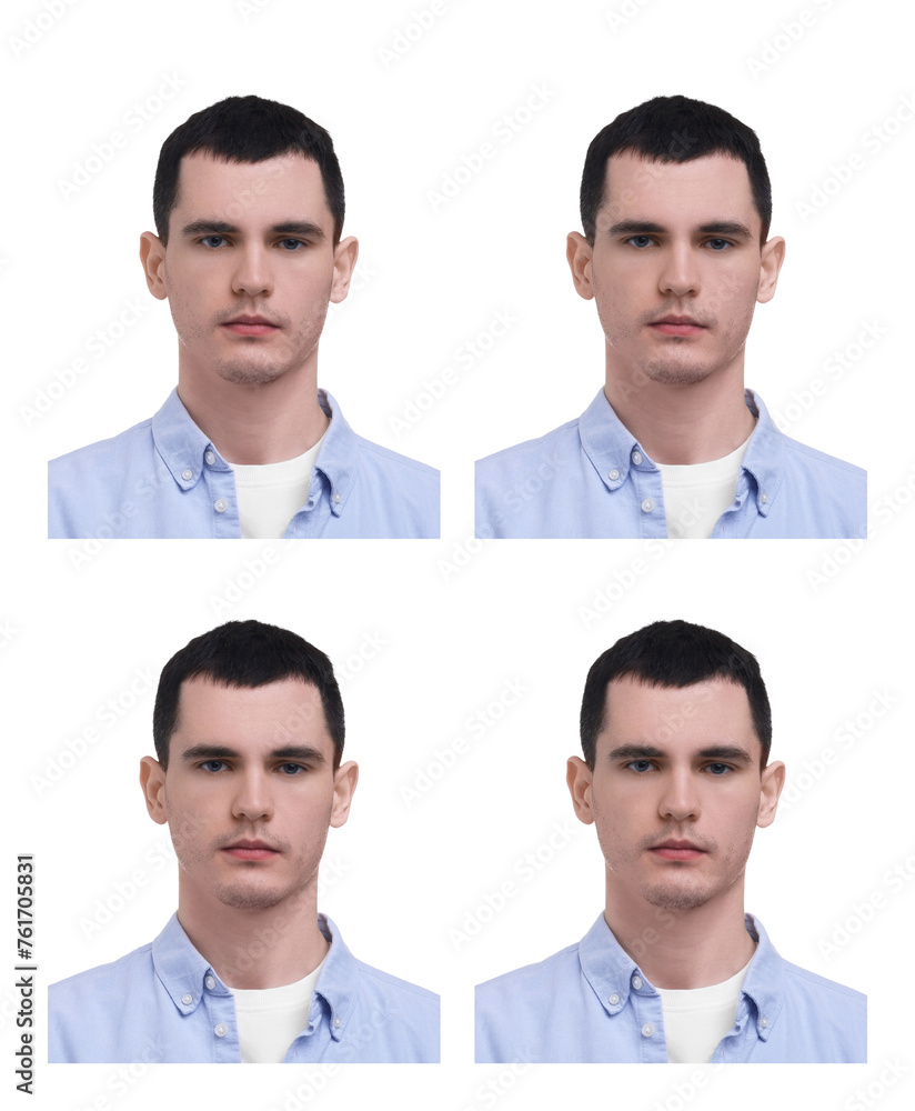 Passport photo, collage. Man on white background, set of photos Passport photo, collage. Man on white background, set of photos