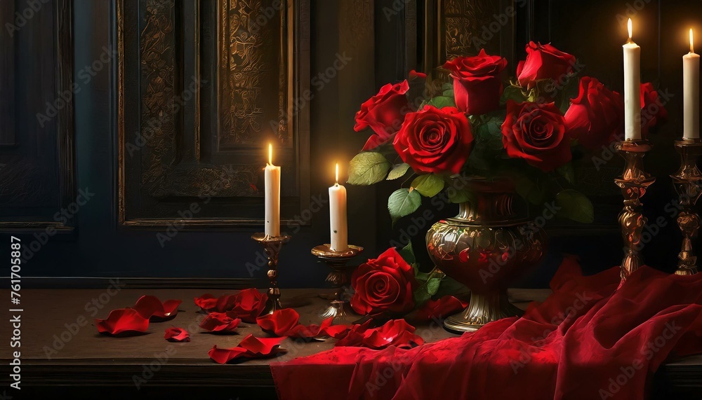 Bukiet róż w wazonie na czerwonej, atłasowej tkaninie. Obok płonące świece - obrazy, fototapety, plakaty 