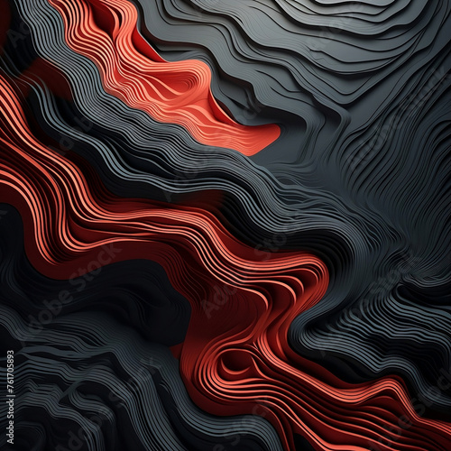 Topographic pattern, cut paper, monochrome, gray and red tones, dark background, hyper realistic, octane rendering, intricate details, volumetric lighting, detailed