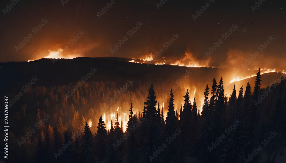 Obraz premium Burning forest at night. AI generated.