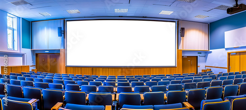 A Bright Lecture Room (Conference Room) with Big Projector Screen Mockup - PNG Empty Mockup Projector Screen Display © Being Imaginative