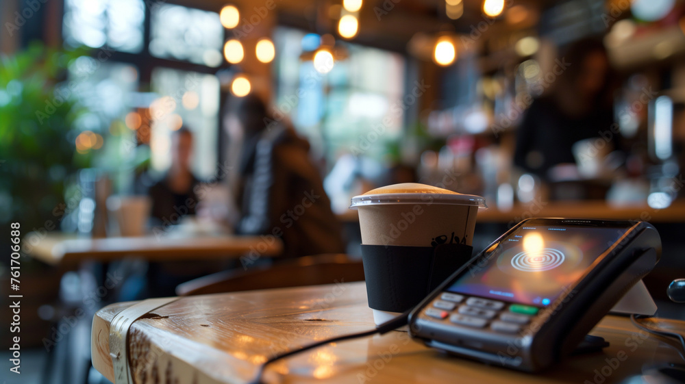 A coffee cup sits on a table next to a payment terminal