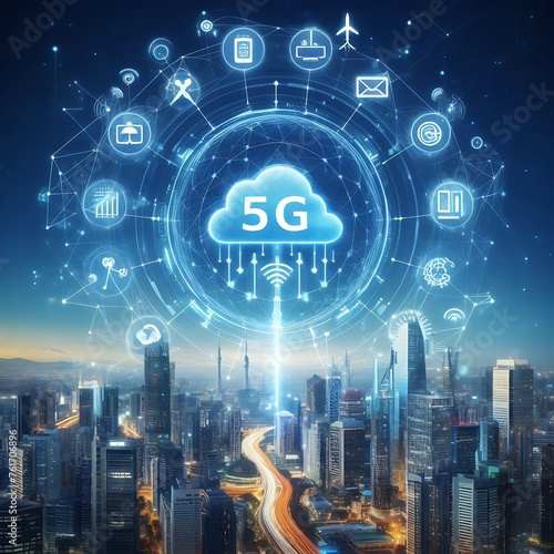 5G wireless network  high speed internet  cloud computing or connect diagram technology  Data storage  service  synchronize  online  financial  Connectivity global  smart city