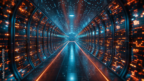 A long tunnel with blue and orange lights