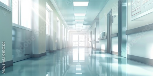 Bright and sterile hospital corridor with a view of mountains through the window, symbolizing hope and healing. © HealthyStock