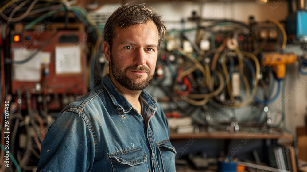 A man in a blue shirt stands in front of a bunch of wires A man in a blue shirt stands in front of a bunch of wires