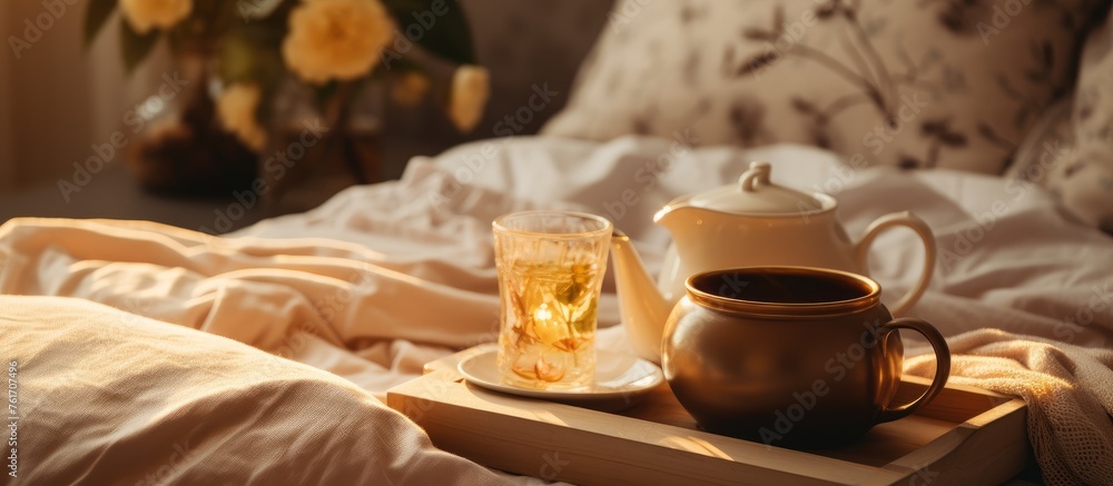 A serveware tray displaying a cup of tea and a teapot placed on a bed, showcasing a cozy setup for enjoying a warm beverage
