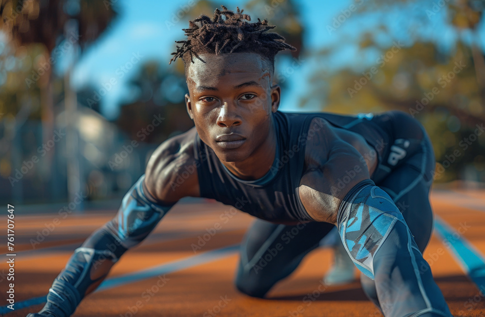 Fit and focused male athlete in a starting position, ready to sprint on an outdoor track field at sunset Fit and focused male athlete in a starting position, ready to sprint on an outdoor track field at sunset