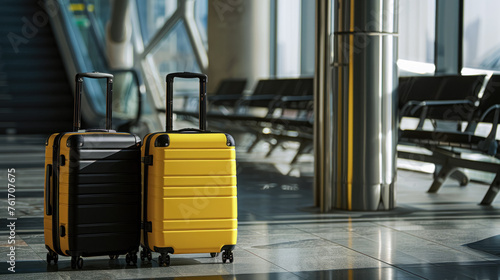 Black and bright yellow suitcases in the airport waiting room. The surrounding space is filled with natural light, the image conveys the expectation of travel and adventure
