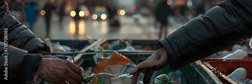 hyper-realistic photo of hands rummaging through garbage containers outside a shopping center, the light is 3 in the afternoon and in the background you can see blurred people and blurred cars © john