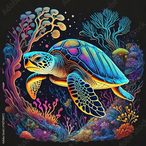 sea turtle swims underwater. neon illustration