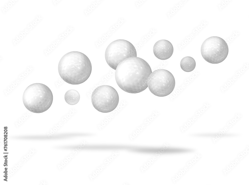 Many golf balls falling on white background - obrazy, fototapety, plakaty 