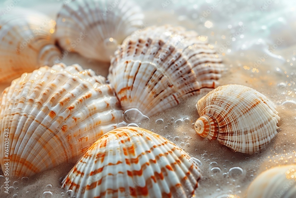 Group of Sea Shells on Sandy Beach Group of Sea Shells on Sandy Beach