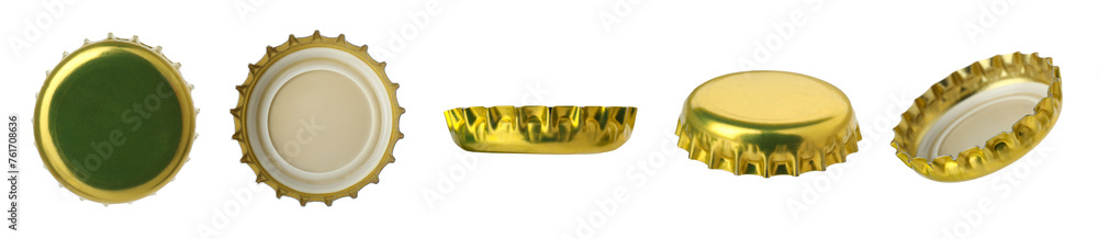 Golden beer bottle cap isolated on white, different sides Golden beer bottle cap isolated on white, different sides