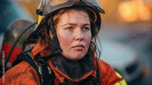 Determined female firefighter with helmet and radio looks thoughtfully off-camera. Female firefighter in gear gazing into the distance