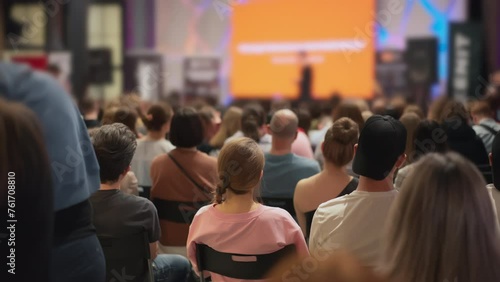 Young attendees absorb information at a technology talk, presenter with visual aids not in focus. An event of youthful innovation seekers. Suitable for content on tech startups and innovation