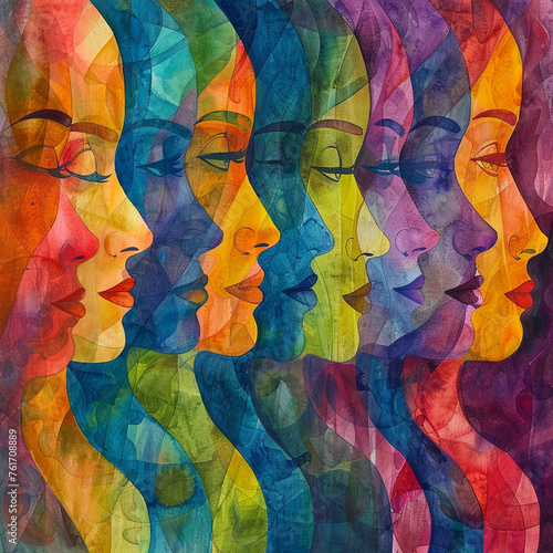 Abstract colorful artistic watercolor painting, female faces in watercolor, women of different cultures and ethnicities together, concept of gender equality and women empowerment movement, texture, co