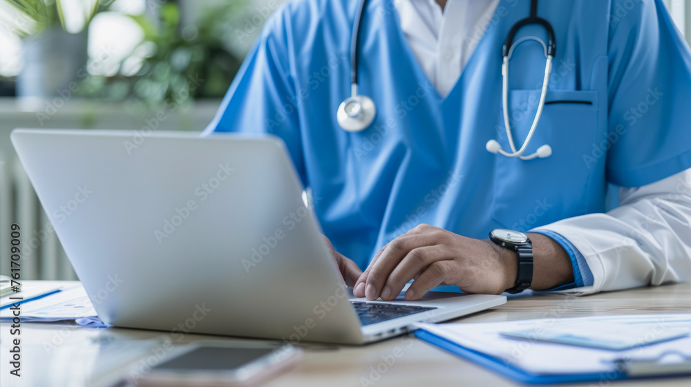 Close up of male doctor working on a laptop writing patient report - Medical occupation and health care concept - Model by AI generative Close up of male doctor working on a laptop writing patient report - Medical occupation and health care concept - Model by AI generative