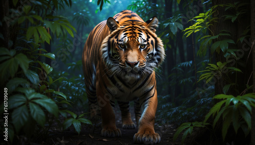 A tiger in the jungle at night
