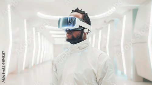 A stylish African American man wearing a VR headset stands in a futuristic, white corridor, experiencing virtual reality.