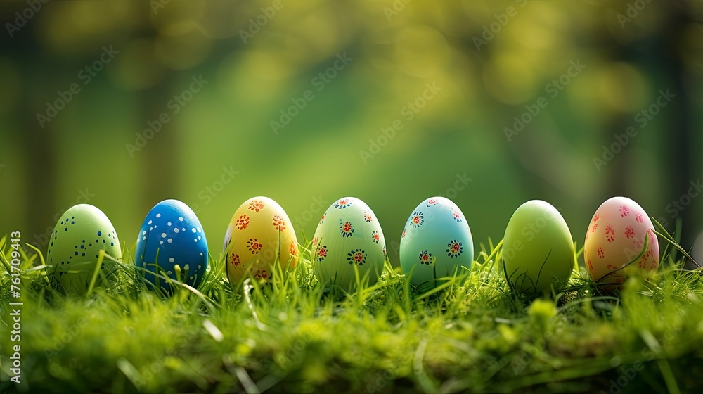 Row of Easter eggs in Fresh Green Grass - generative ai Row of Easter eggs in Fresh Green Grass - generative ai