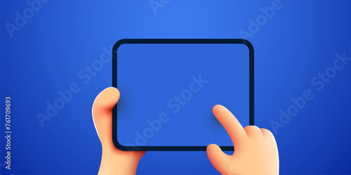 3d Hand holding ipad or tablet pc. Ipad mockup. Editable template. Touching screen with finger.