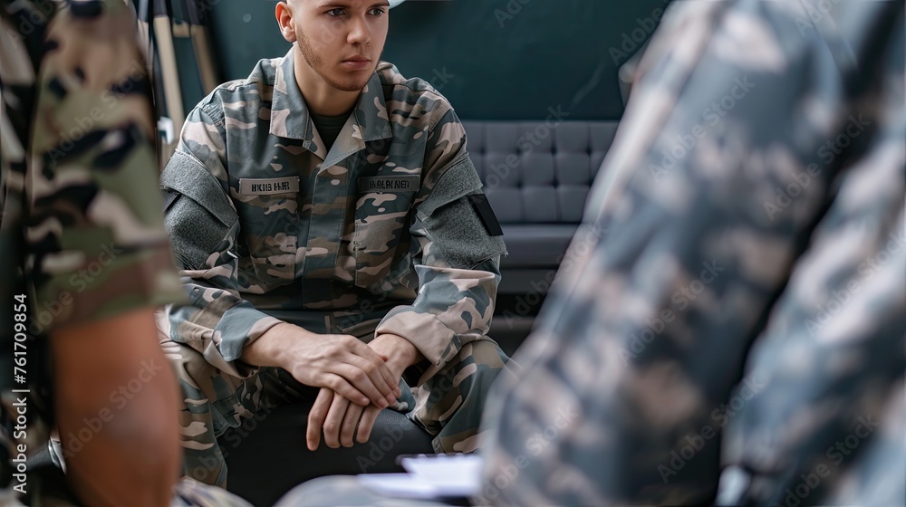 Experience mental support with our closeup image capturing a psychologist assisting a military officer in an office setting Experience mental support with our closeup image capturing a psychologist assisting a military officer in an office setting