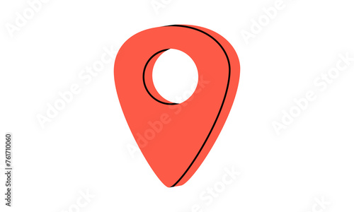 Hand drawn cute cartoon illustration of location pin or navigation mark. Flat vector outdoor landmark for map sticker in colored doodle style. Tourism GPS pointer icon. Adventure, hiking. Isolated.