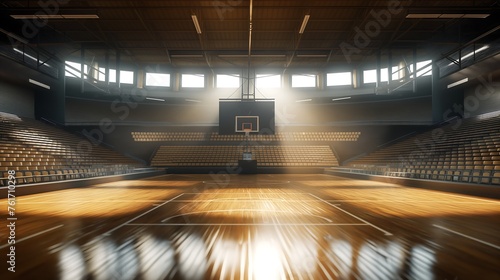 empty basketball arena in daylight with clean wooden floor