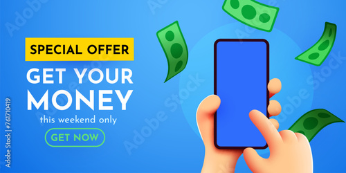 3D hand holding smarphone with flying banknotes. Get your money. Onlilne earnings.